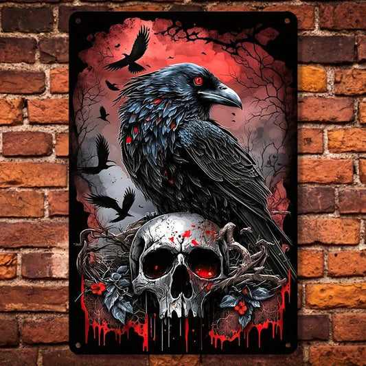 Gothic Crow and Skull Wall Art Dark Raven Metal Wall Sign