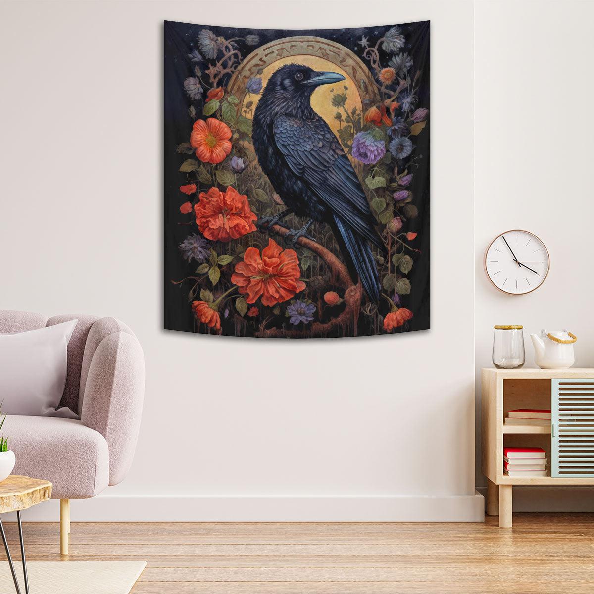 Floral Black Raven Tapestry Dark Crow Wall Hanging-MoonChildWorld