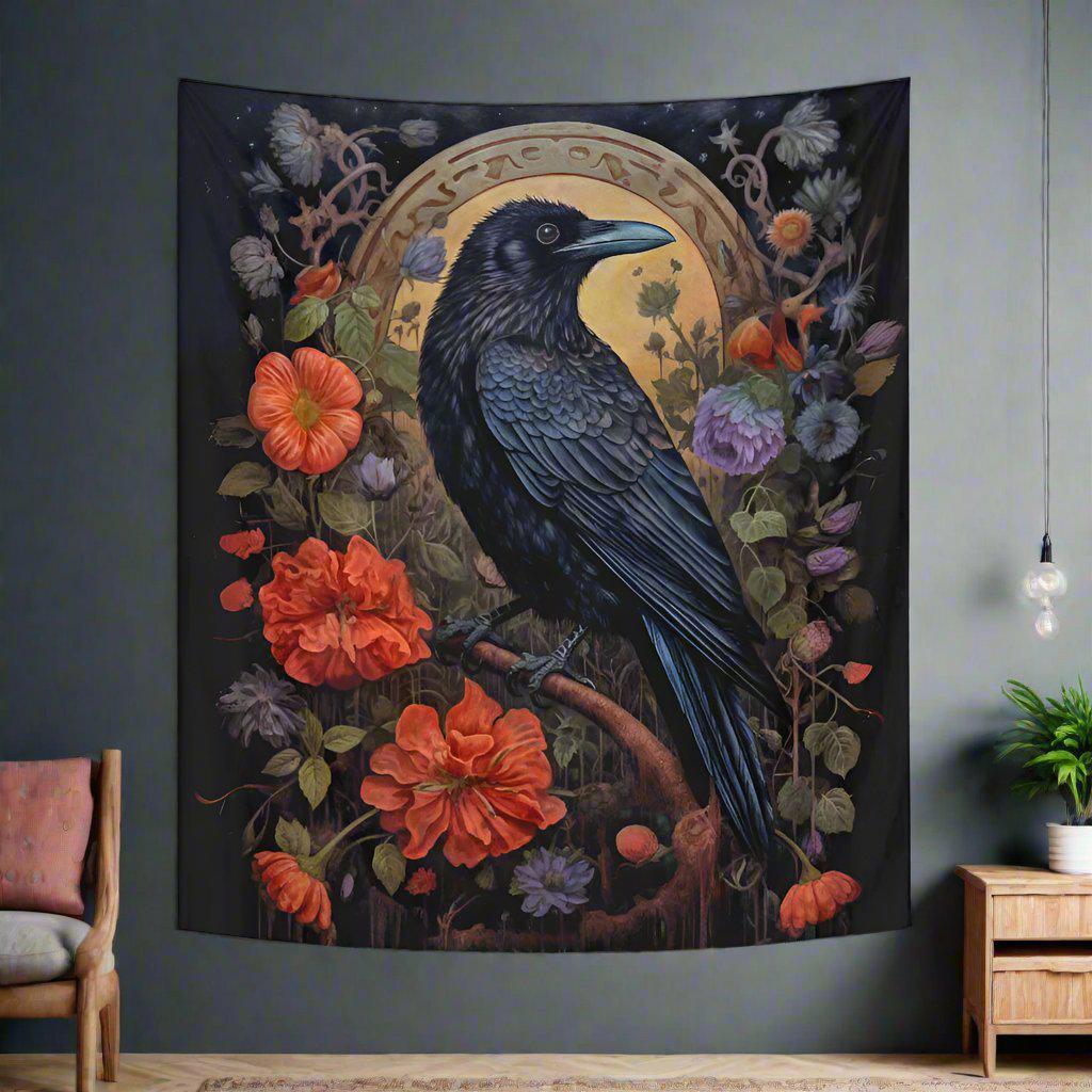 Floral Black Raven Tapestry Dark Crow Wall Hanging-MoonChildWorld