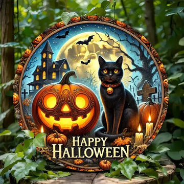 Black Cat Wall Sign Pumpkin Cat Metal Sign Gothic Halloween Home Decor-MoonChildWorld