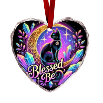 Witchy Moon Black Cat Wicca Christmas Heart-Shaped Crystal Glass Ornament