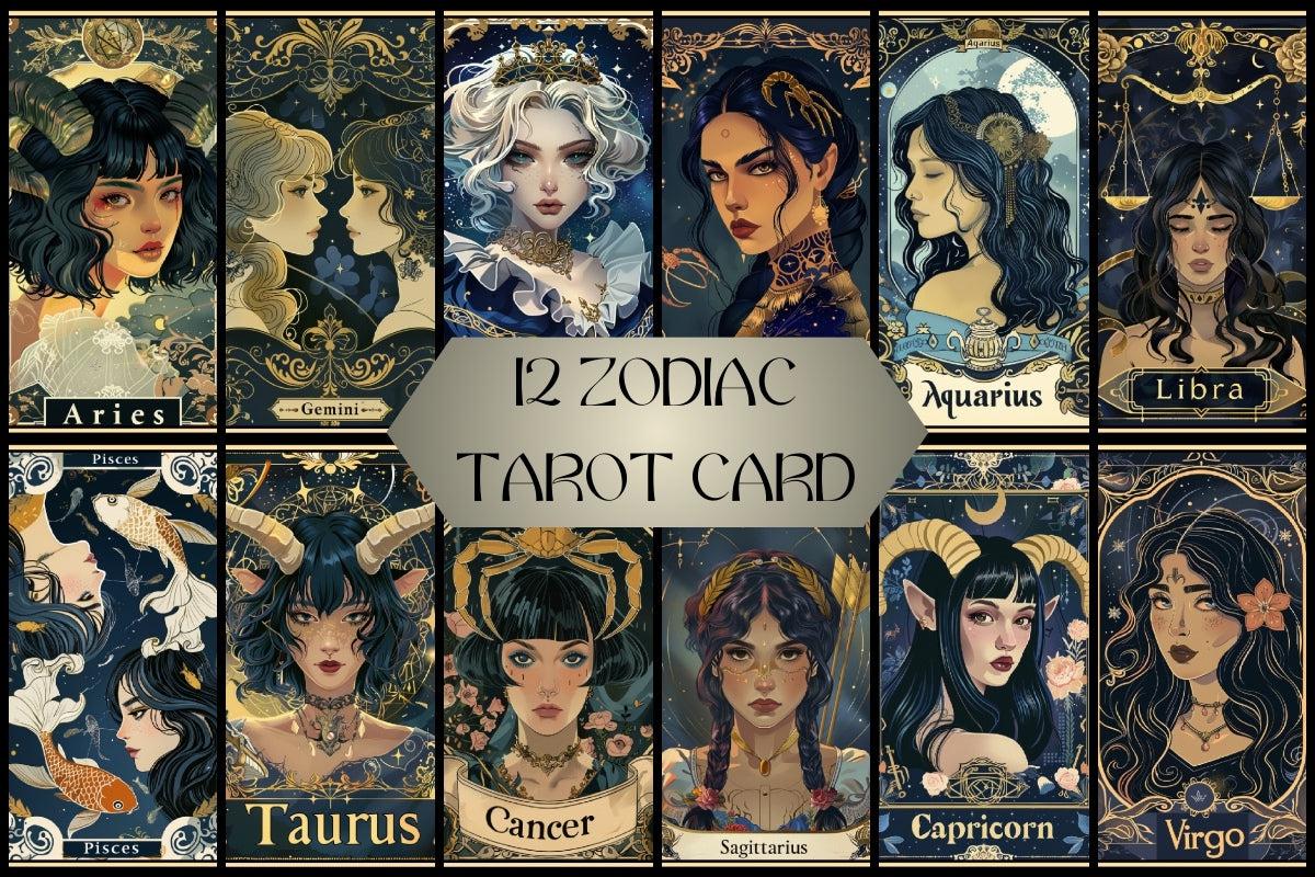 12 Zodiac Tarot Cards Digital File-MoonChildWorld