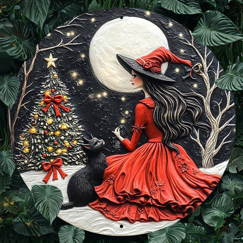 Black Cat and Christmas Witch Wall Art Wiccan Metal Sign for Pagan Yule Home Decorations-MoonChildWorld