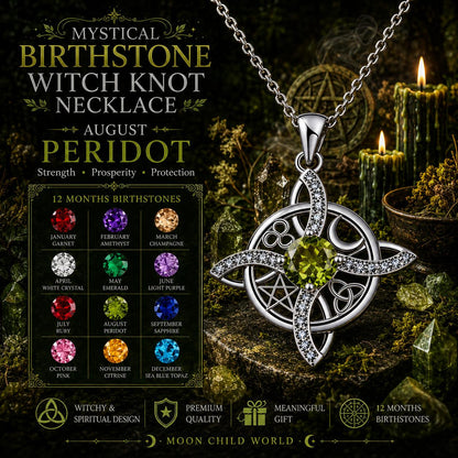 August Peridot Witch Knot Necklace with Celtic pentacle design, mystical birthstone jewelry for protection & prosperity