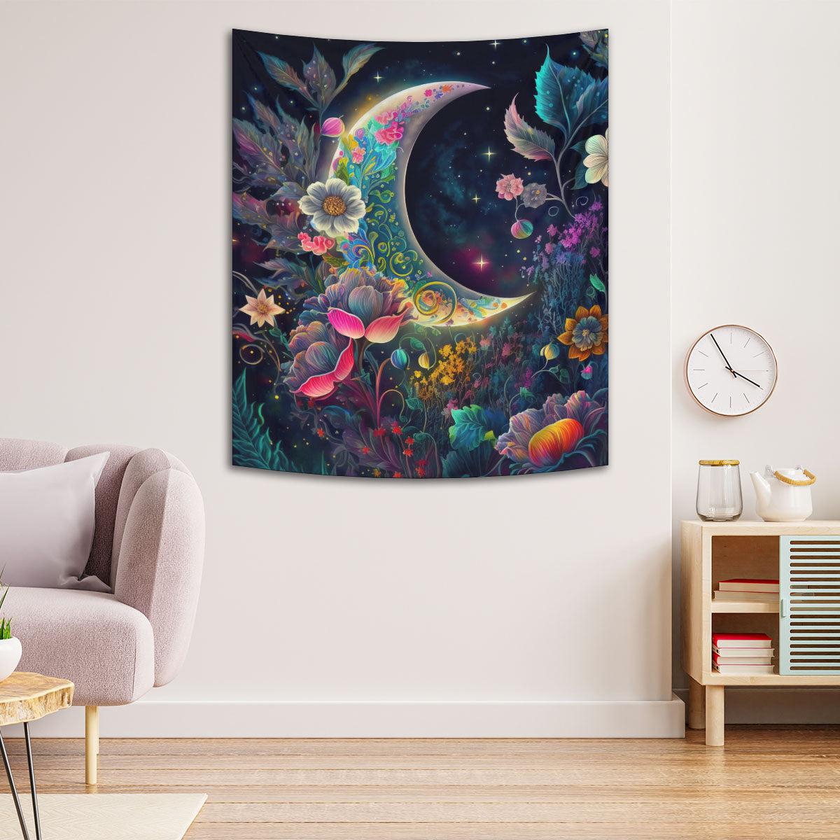 Floral Moon Tapestry Celestial Wall Hanging-MoonChildWorld