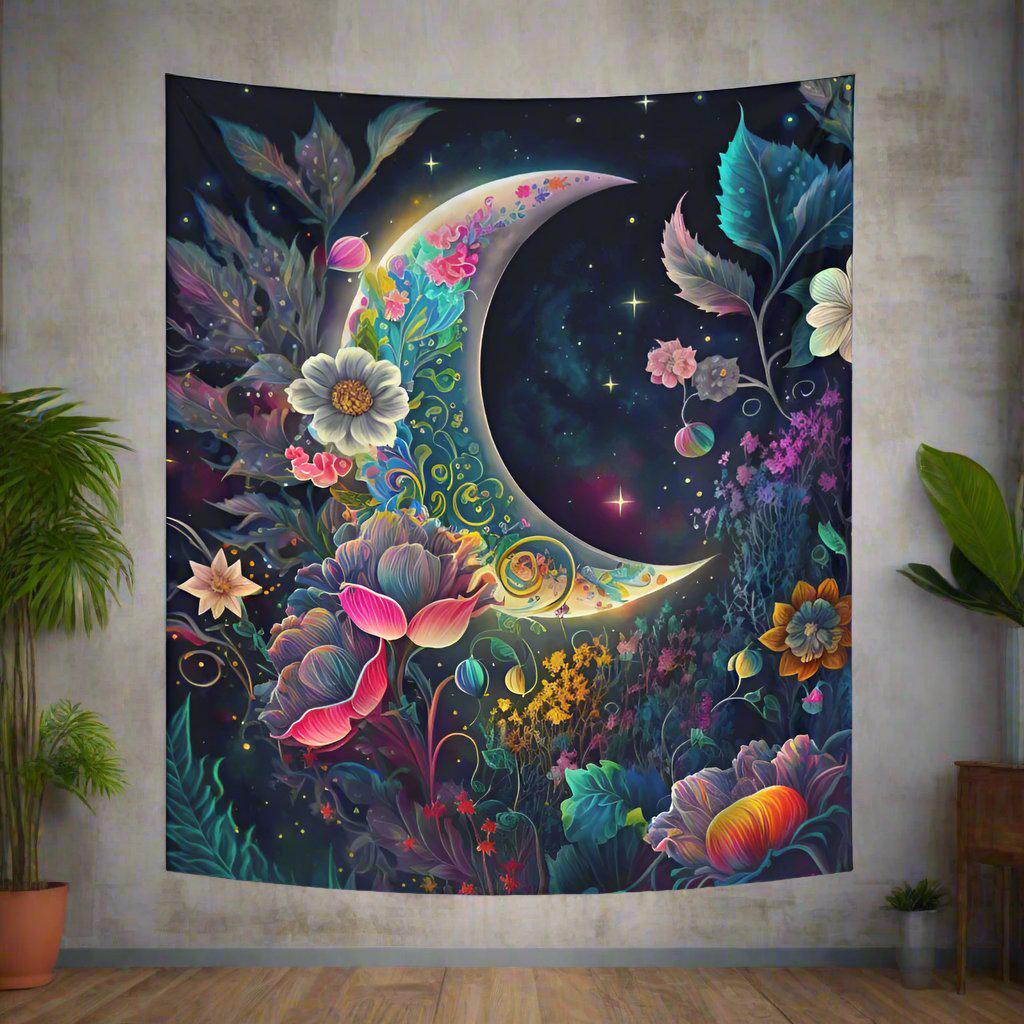 Floral Moon Tapestry Celestial Wall Hanging-MoonChildWorld