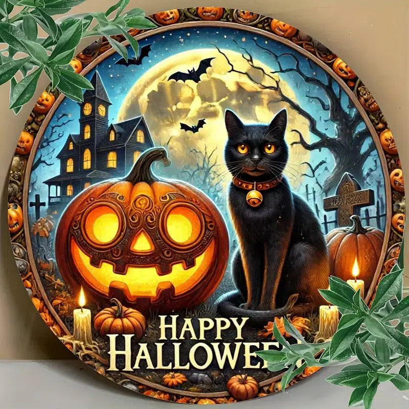 Black Cat Wall Sign Pumpkin Cat Metal Sign Gothic Halloween Home Decor-MoonChildWorld