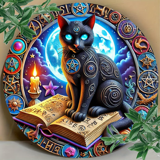 Magic Black Cat on Book of Shadows Metal Sign Occult Cat Decor