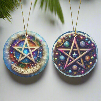 Wiccan Pentagram Ceramic Christmas Ornament for Pagan Yule Decor