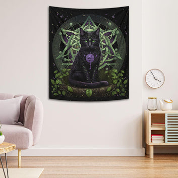 Wicca Black Cat Tapestry Magic Cat Wall Hanging