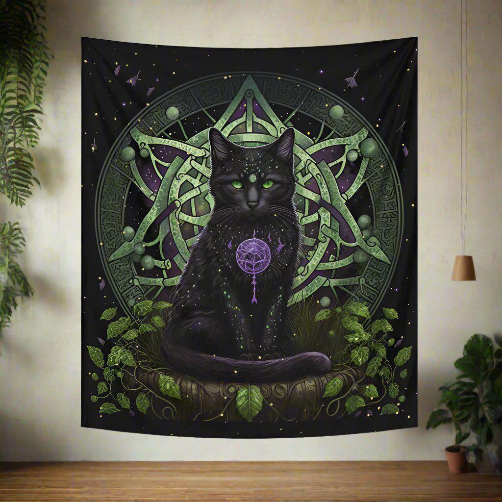 Wicca Black Cat Tapestry Magic Cat Wall Hanging-MoonChildWorld