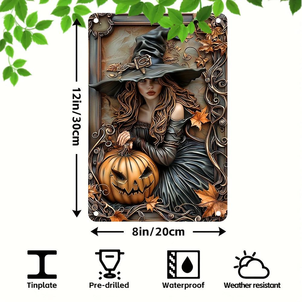 Witch and Pumpkin Halloween Metal Sign Witch Wall Decor-MoonChildWorld