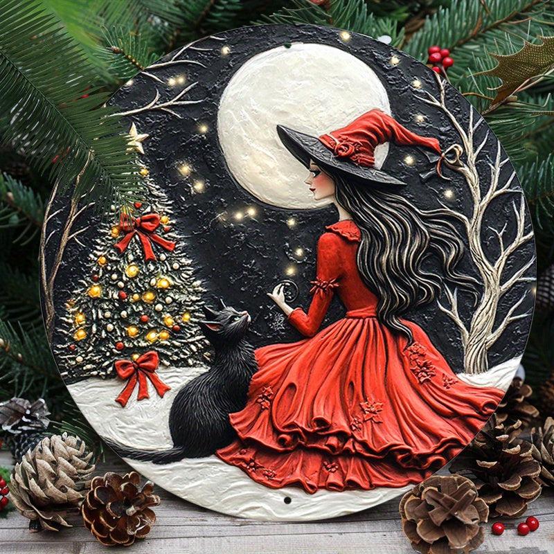 Black Cat and Christmas Witch Wall Art Wiccan Metal Sign for Pagan Yule Home Decorations-MoonChildWorld