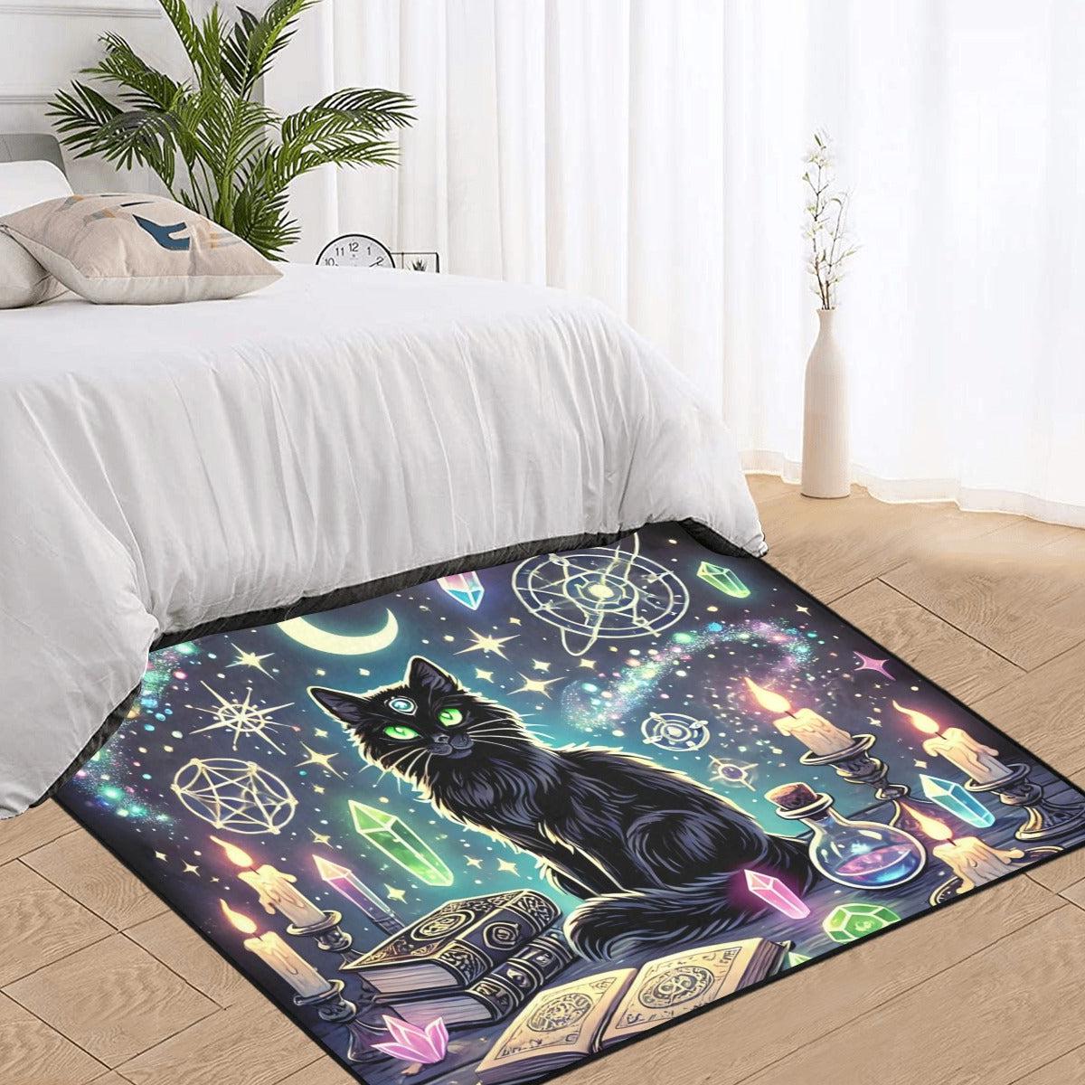 Black Cat Wiccan Area Rug Witchy Cat Witchcraft Carpet-MoonChildWorld