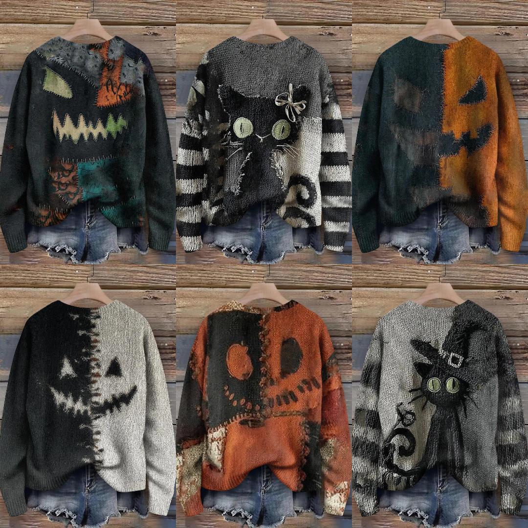 Creepy Pumpkin Long Sleeve Pullover Sweater - Gothic Witch Halloween Sweater-MoonChildWorld