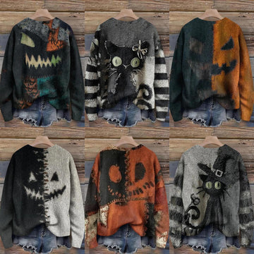 Creepy Pumpkin Long Sleeve Pullover Sweater - Gothic Witch Halloween Sweater-MoonChildWorld