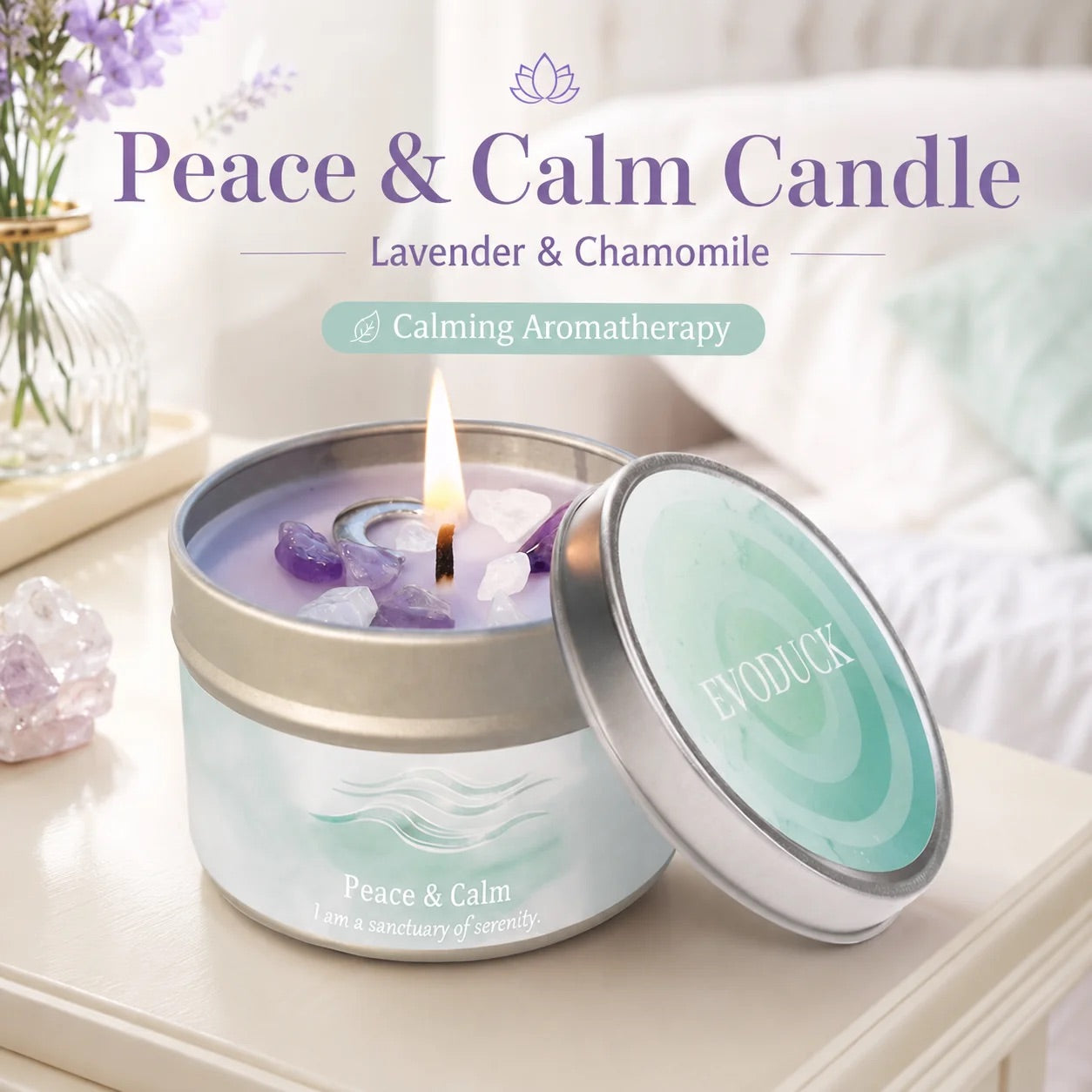 Peace & Calm Lavender and Chamomile candle lit with amethyst crystals for calming aromatherapy