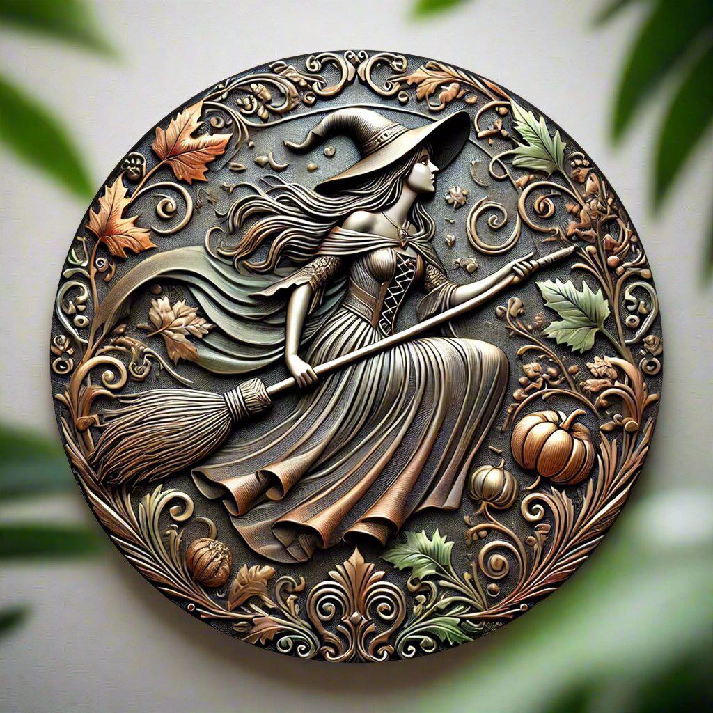 Witch With Broom & Pumpkin Halloween Wall Art Witch Metal Sign Witchy Home Decor-MoonChildWorld