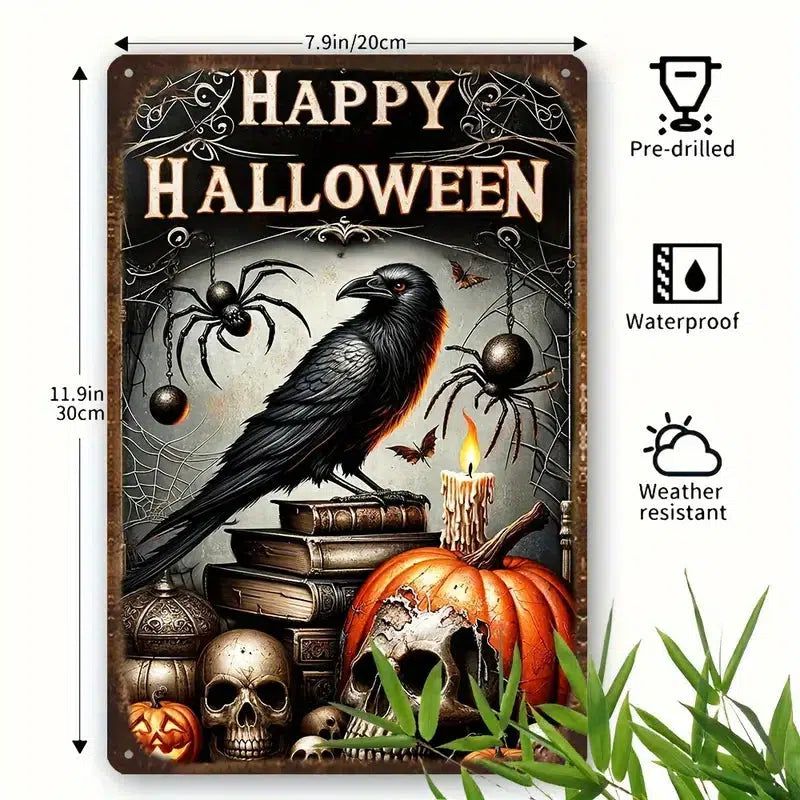 Black Raven Metal Sign Gothic Crow Wall Art Spooky Halloween Welcome Sign-MoonChildWorld