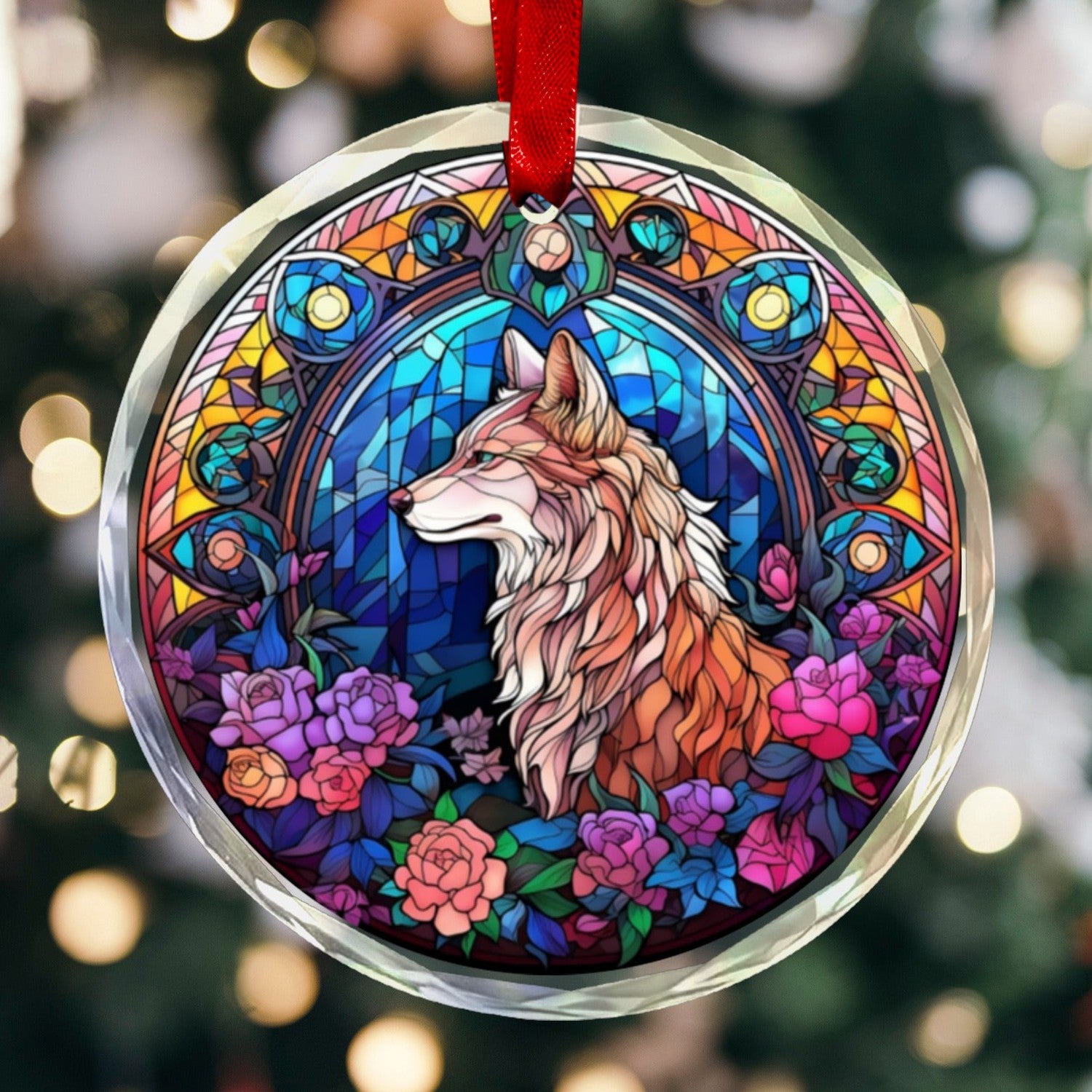 White Wolf Glass Christmas Ornament-MoonChildWorld