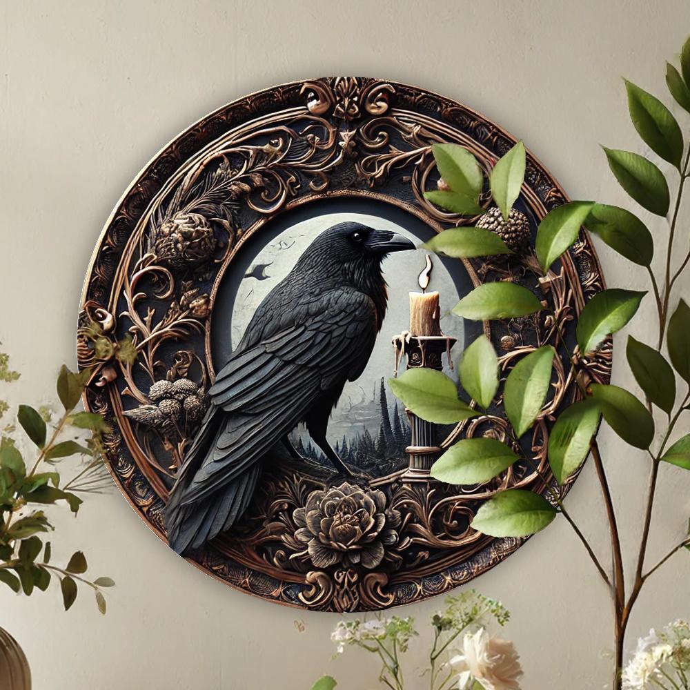 Raven Wall Art With Flowers & Candles Gothic Crow Metal Sign-MoonChildWorld