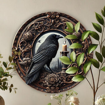 Raven Wall Art With Flowers & Candles Gothic Crow Metal Sign