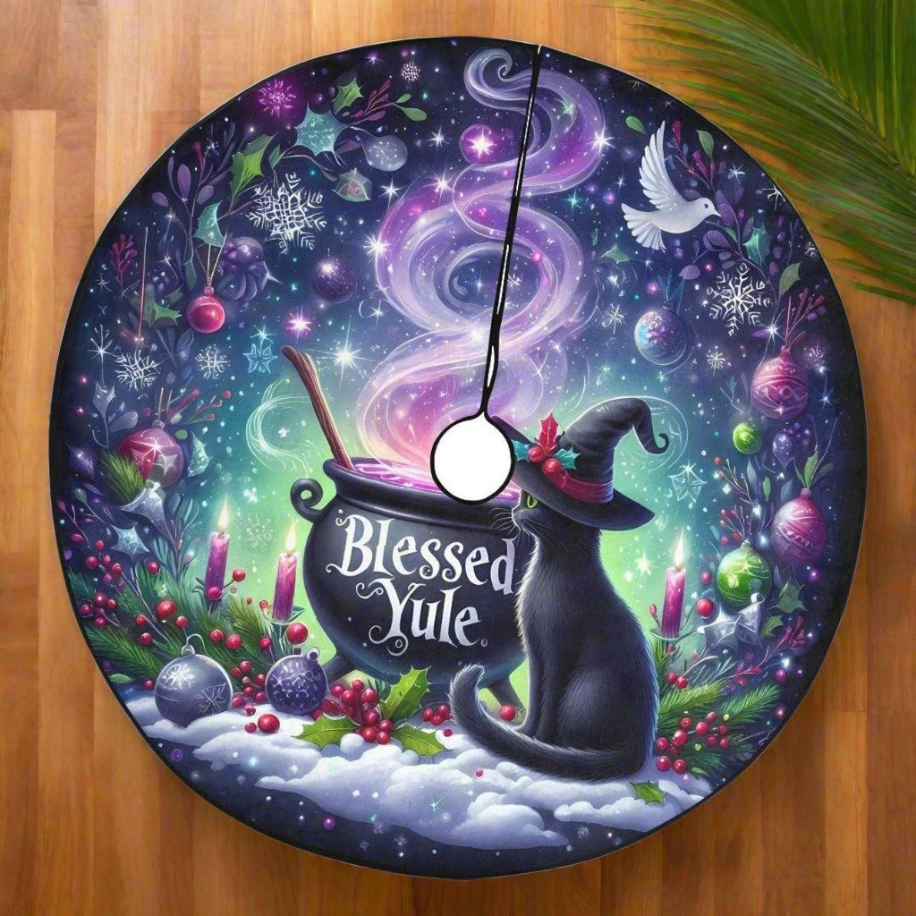 Witchy Cat Christmas Tree Skirt Black Cat Gothic Christmas Tree Skirt-MoonChildWorld