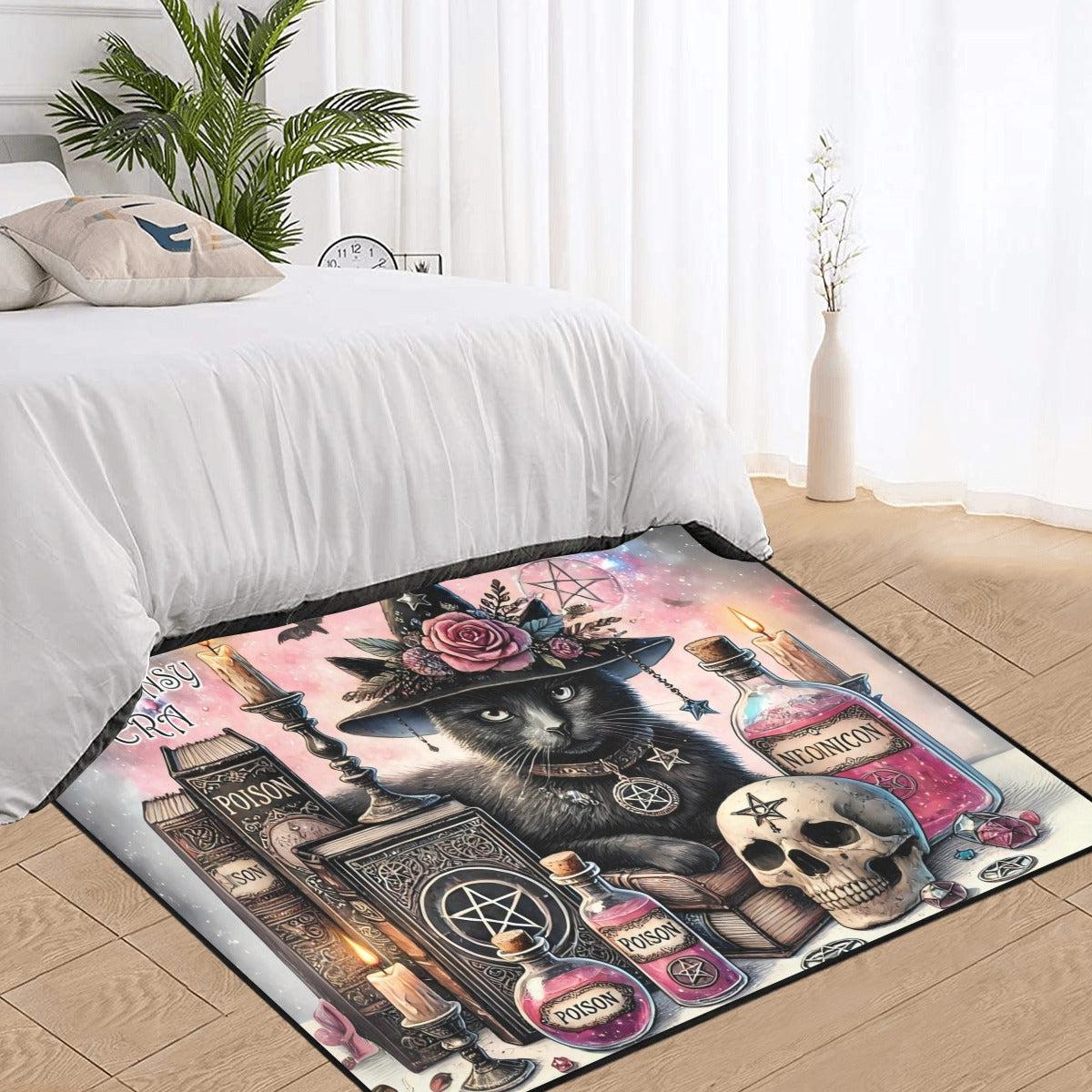 Gothic Black Cat Wiccan Area Rug Witchy Cat Witchcraft Carpet for Halloween-MoonChildWorld