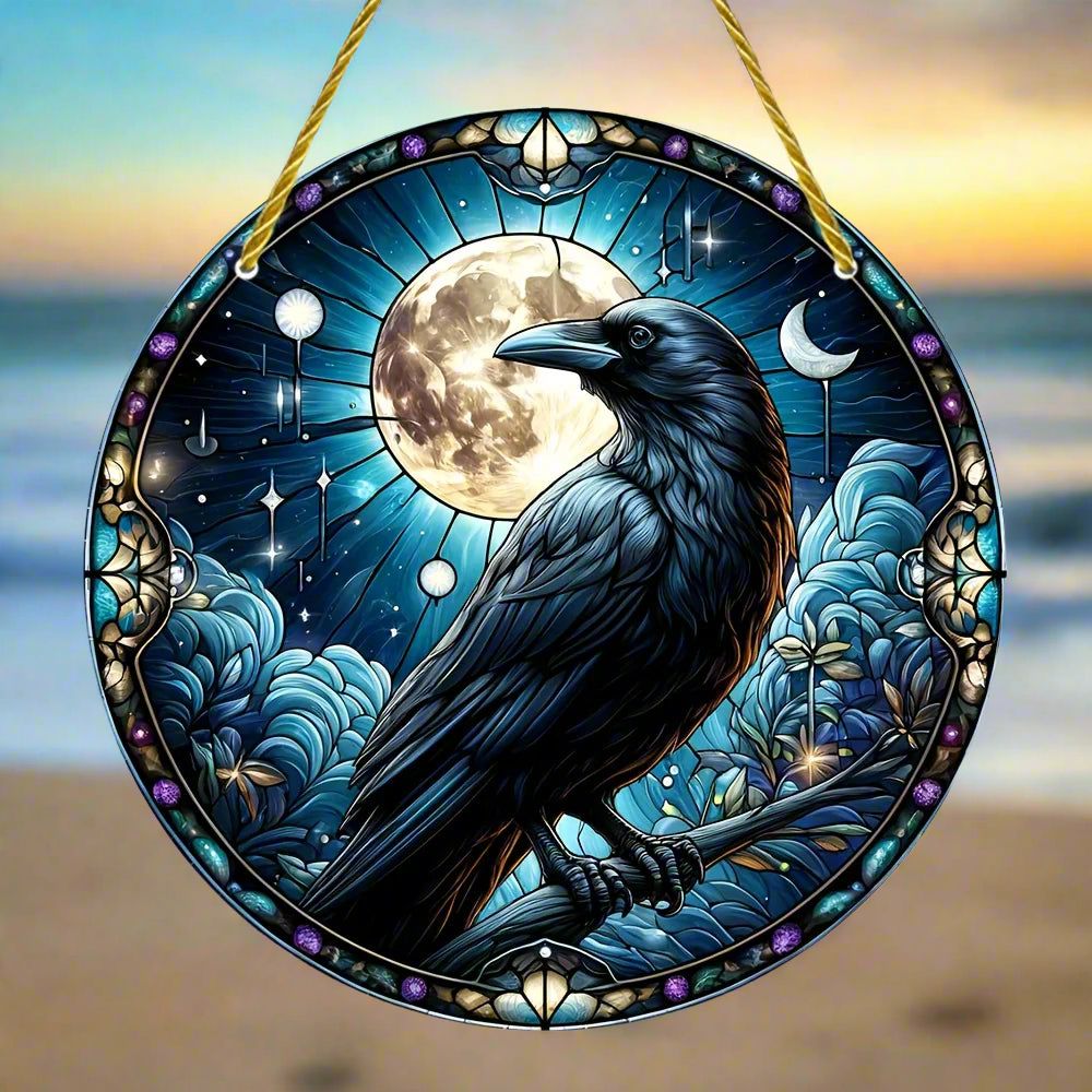 Black Raven Halloween Suncatcher Moon Crow Window Decor Gothic Home Decor-MoonChildWorld