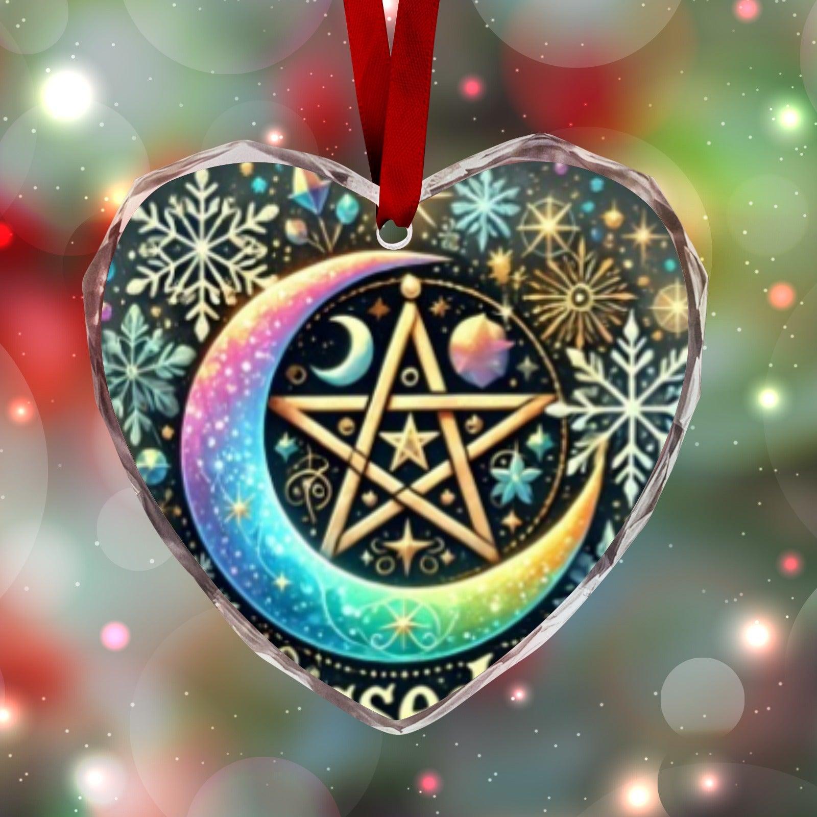 Crescent moon Pentagram Wicca Yule Heart-Shaped Crystal Glass Ornament-MoonChildWorld