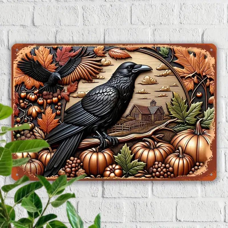 Pumpkin & Crow Metal Sign Fall Harvest Wall Decor Halloween Sign-MoonChildWorld