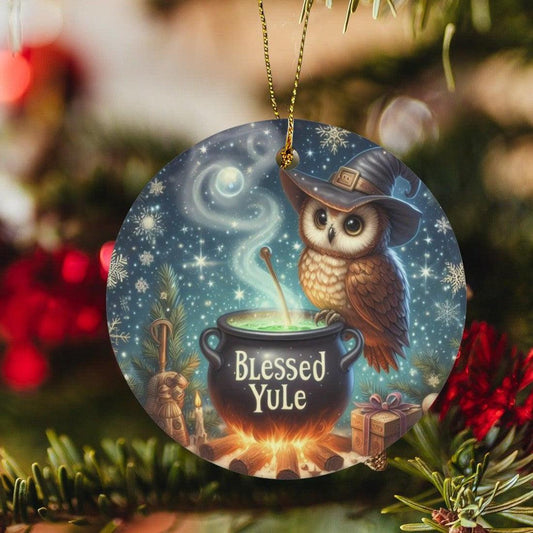 Witchy Owl Ceramic Christmas Ornament for Yule Tree Decorations