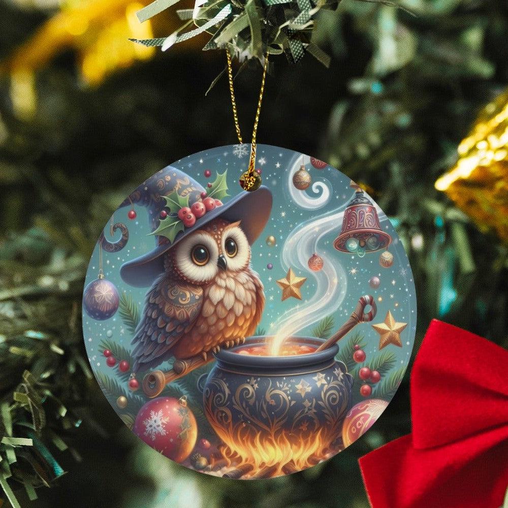 Witchy Owl Ceramic Christmas Ornament for Yule Tree Decorations-MoonChildWorld