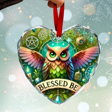 Pentacle Wicca Owl Christmas Heart-Shaped Crystal Glass Ornament-MoonChildWorld