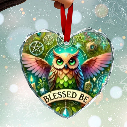 Pentacle Wicca Owl Christmas Heart-Shaped Crystal Glass Ornament
