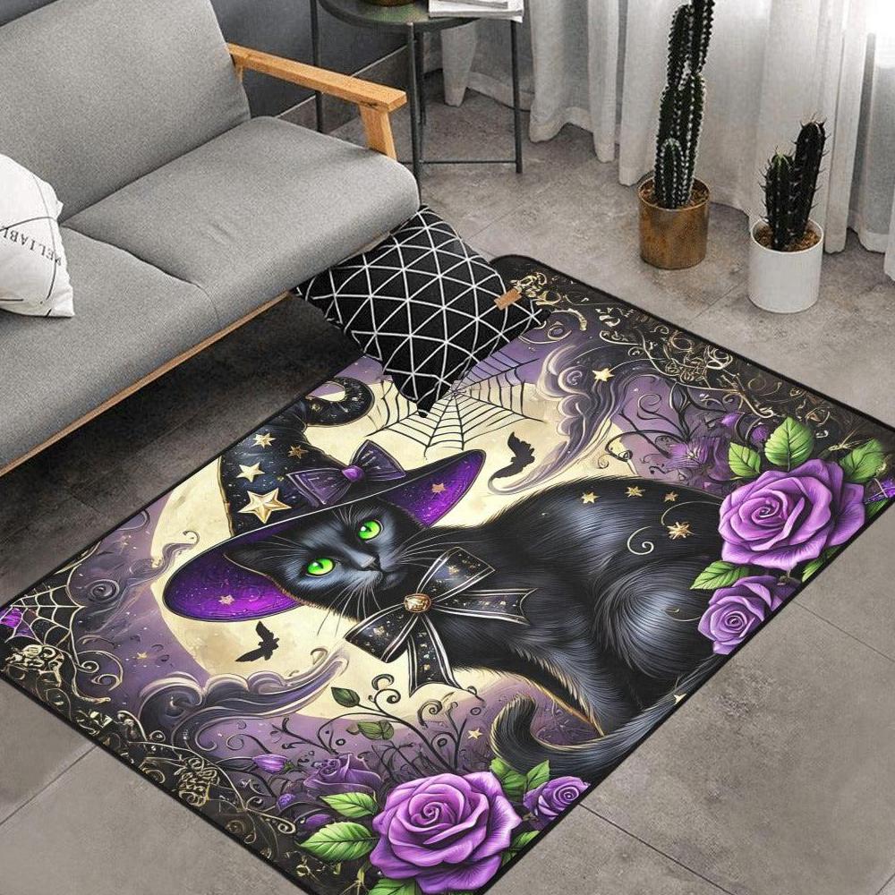 Black Cat Wiccan Area Rug Magic Cat Witchcraft Carpet-MoonChildWorld