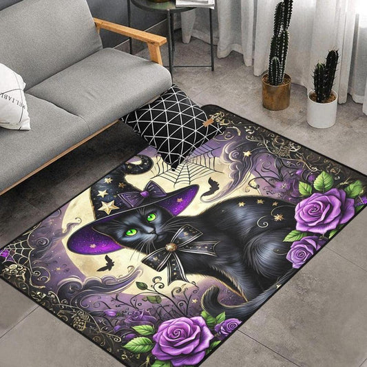 Black Cat Wiccan Area Rug Magic Cat Witchcraft Carpet