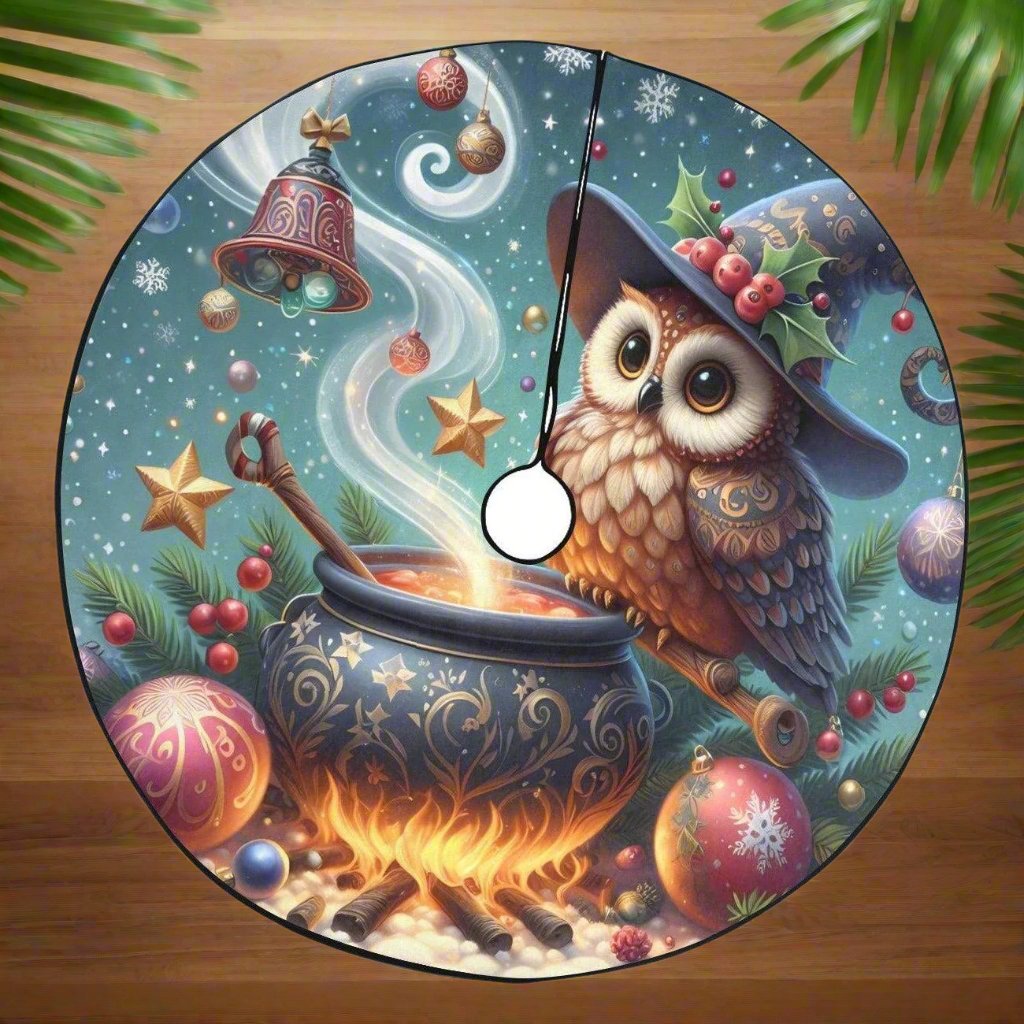 Witchy Owl Christmas Tree Skirt for Yule Decorations-MoonChildWorld