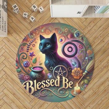 Wicca Black Cat Round Rug Witchy Cat Carpet for Pagan Home Decor
