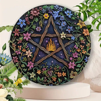 Floral Pentacle Metal Sign Pentagram Wicca Pagan Wall Art for Yule Decor