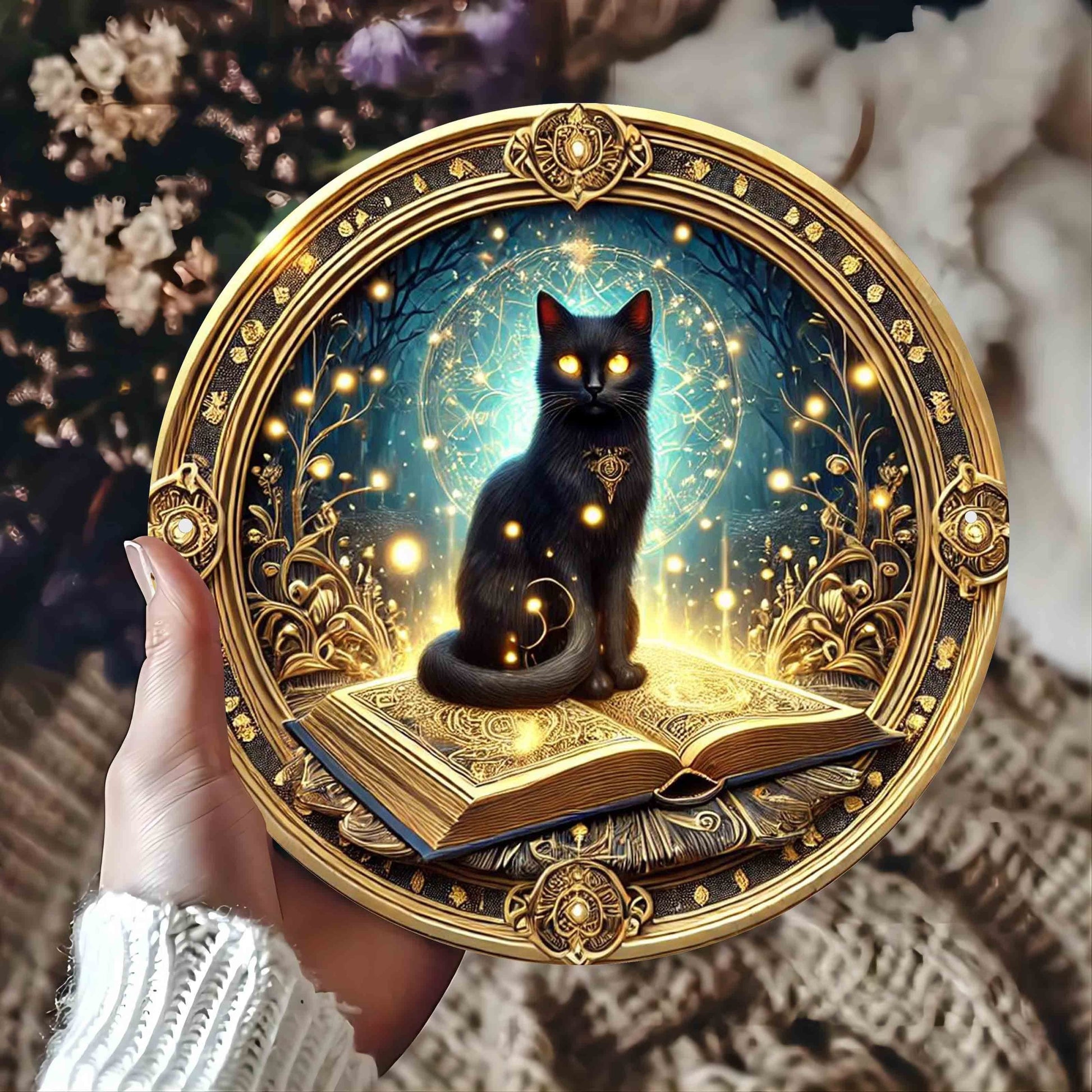 Mystic Black Cat On Magic Book Metal Sign Wicca Home Decor-MoonChildWorld