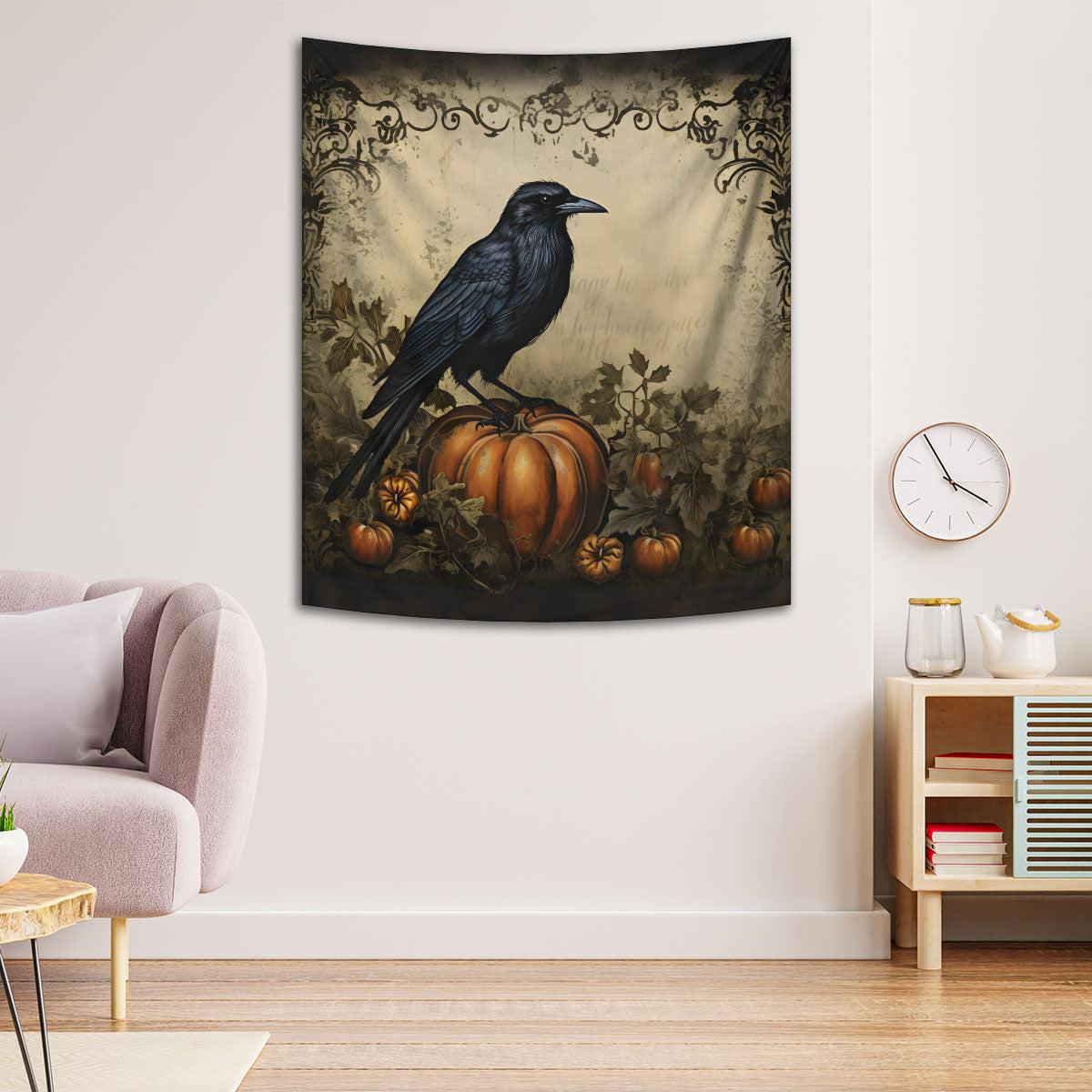 Pumpkin Raven Tapestry Gothic Crow Halloween Wall Hanging-MoonChildWorld