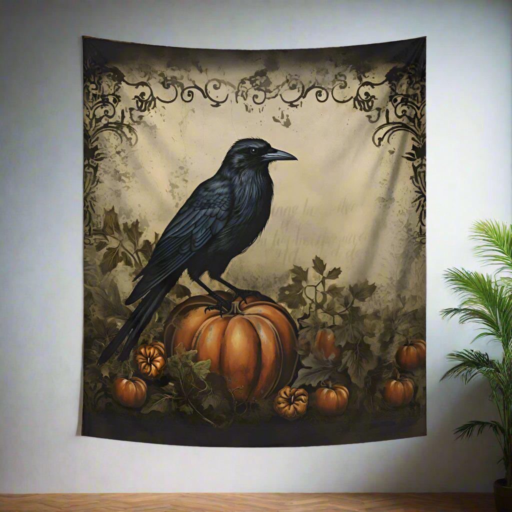 Pumpkin Raven Tapestry Gothic Crow Halloween Wall Hanging-MoonChildWorld