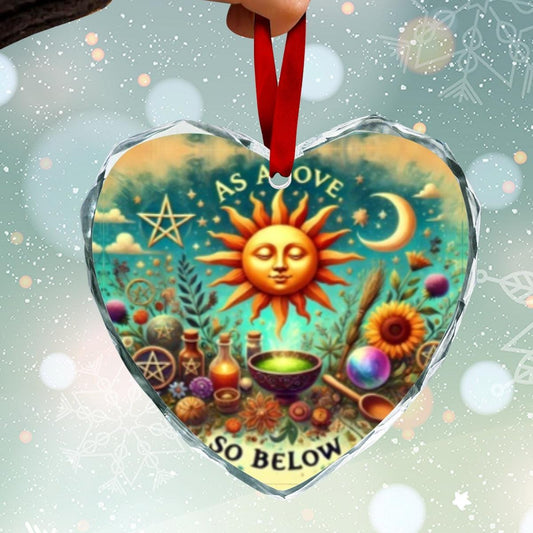 Wicca Sun Moon Pagan Yule Heart-Shaped Crystal Glass Ornament