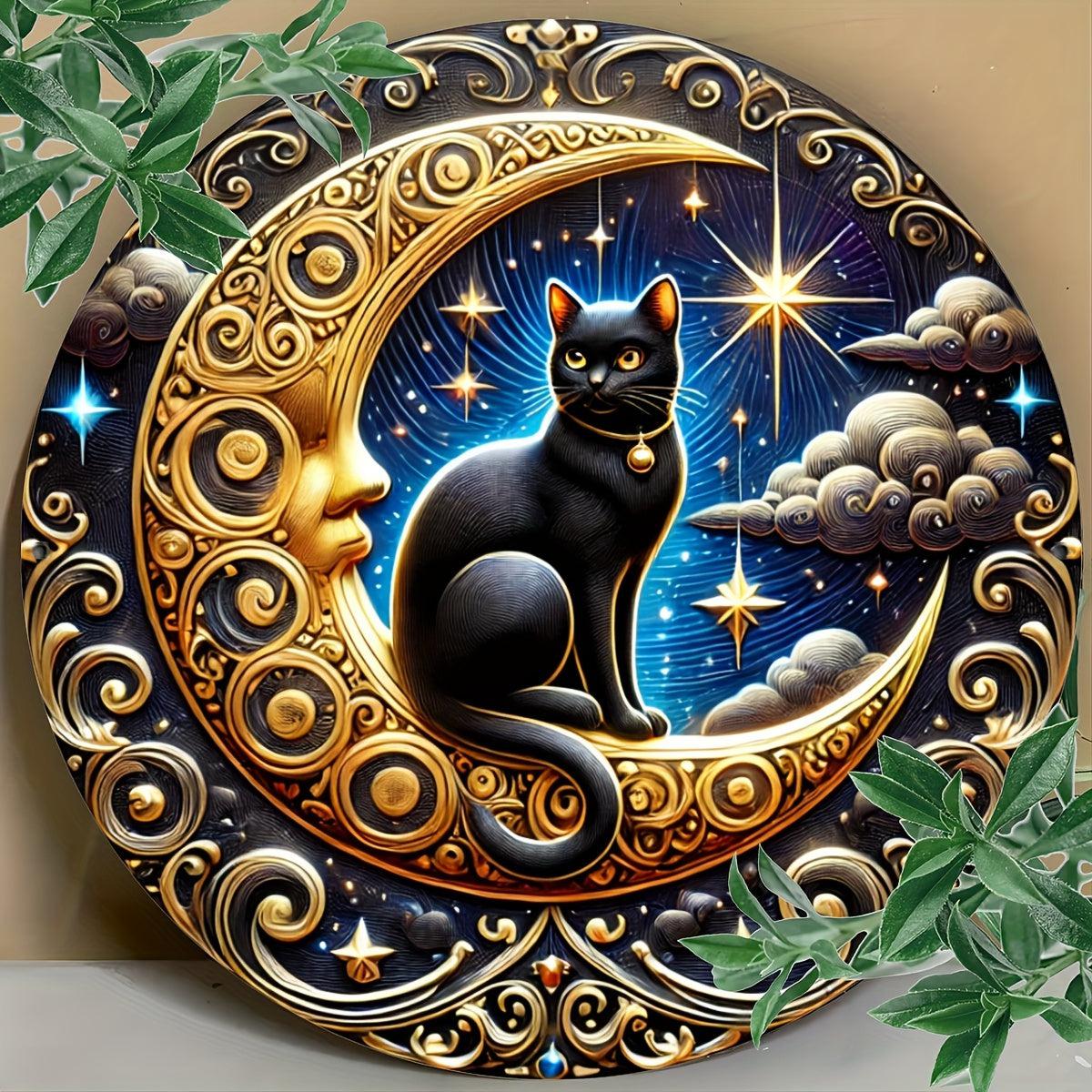 Witchy Black Cat & Moon Metal Sign Celestial Home Decor-MoonChildWorld