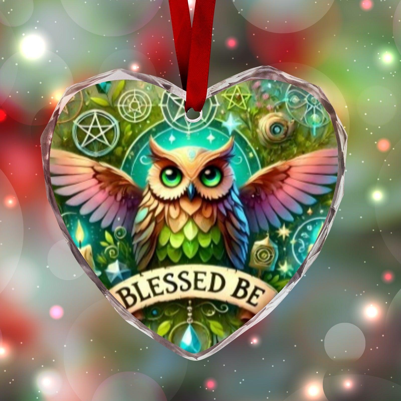 Pentacle Wicca Owl Christmas Heart-Shaped Crystal Glass Ornament-MoonChildWorld