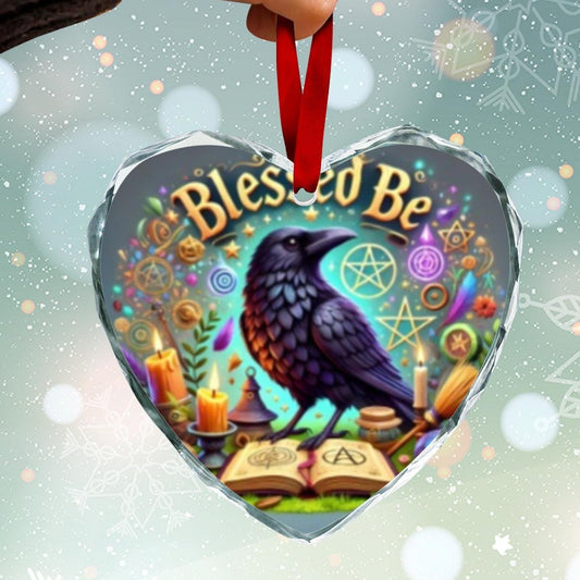 Wicca Raven Witch Crow Christmas Heart-Shaped Crystal Glass Ornament