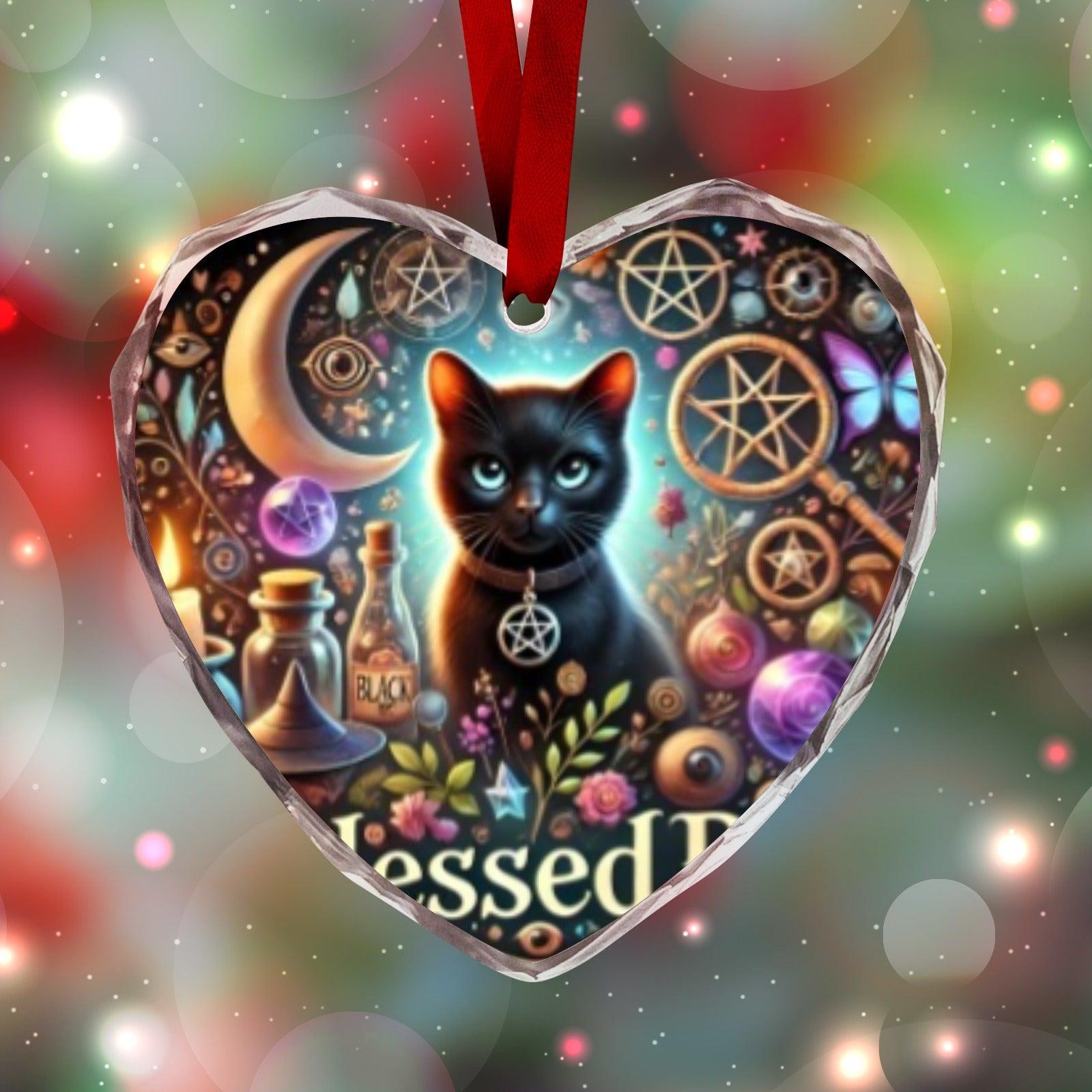 Witchy Black Cat Wiccan Christmas Heart-Shaped Crystal Glass Ornament-MoonChildWorld