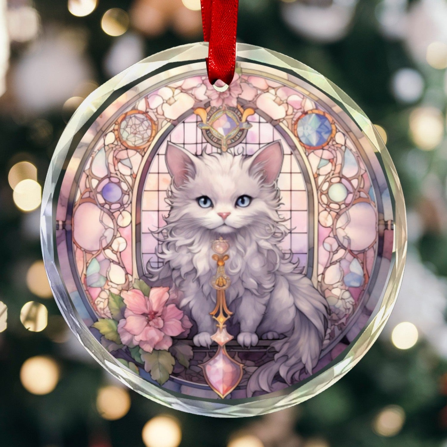 White Cat Glass Christmas Ornament-MoonChildWorld