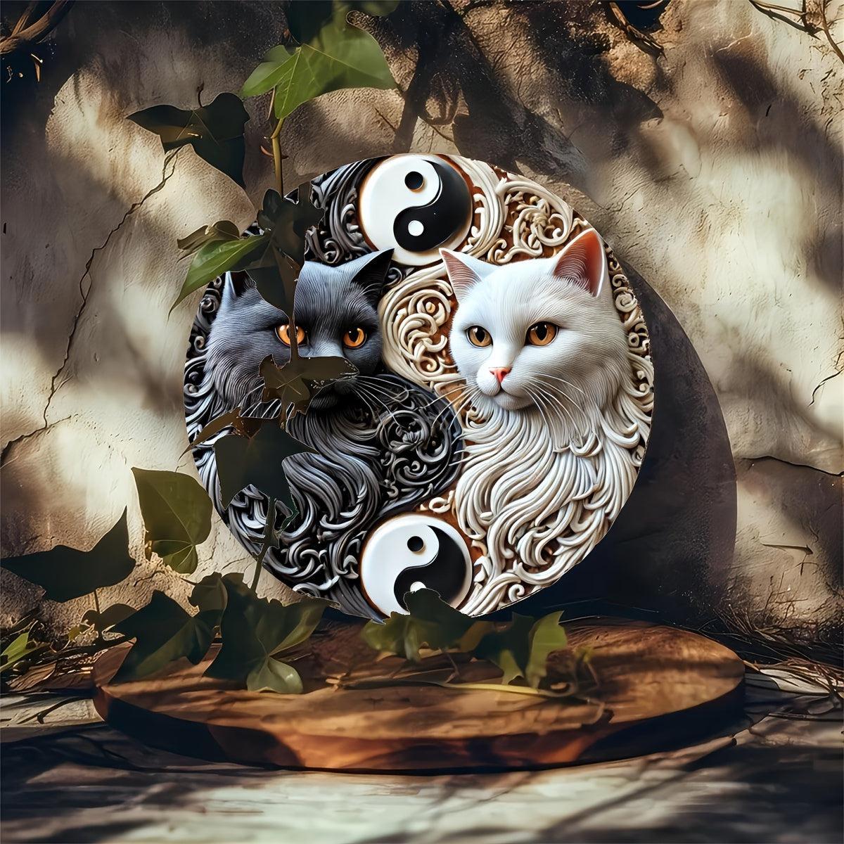 Black & White Cat Yin Yang Metal Sign Feng Shui Home Decor-MoonChildWorld